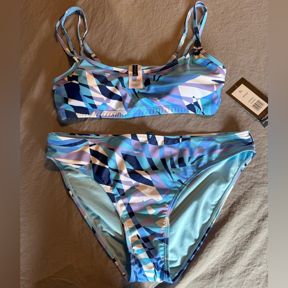 Spyder 2-pc Swimsuit Set Colorful Blue/Lavender Geometric Pattern, Size XL-NWT